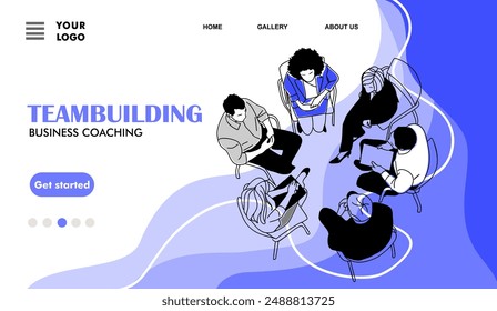 Teambuilding business coaching concept landing page. Website template with business team members, men and women sitting in circle top view. Outline vector sketch drawing in trendy purple colors.