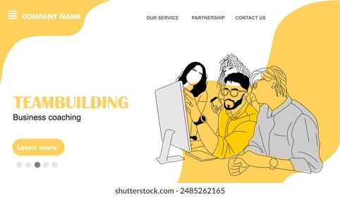 Página de inicio del concepto de couching empresarial de teambuilding. Plantilla de Sitio web con miembros del equipo empresarial, hombres y mujeres trabajando juntos. Ilustración vectorial de contorno gráfico plano en colores amarillo y negro.