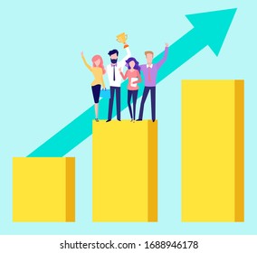 Teambuilding concept, group of people standing on top of growing chart, isolated cartoon people. Vector brokers cooperation, arrow moving to top