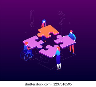 Teambuilding concept - modern colorful isometric vector illustration on purple background. Male, female business people with different abilities putting puzzle pieces together. Teamwork, solutions