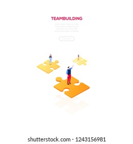 Teambuilding concept - modern isometric vector web banner on white background with copy space for text, information. High quality illustration with male, female business people on puzzle pieces