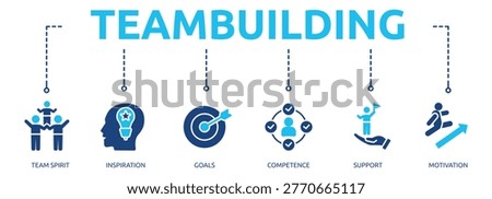 teambuilding glyph banner icon of team spirit, inspiration, goals, competence, support, motivation