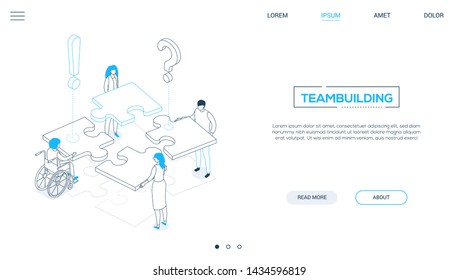 Teambuilding - Line Design Style Isometric Web Banner On White Background With Copy Space For Text. A Header With Business People With Different Abilities Putting Puzzle Pieces Together. Solutions