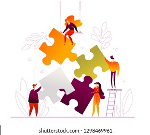 Teambuilding - modern flat design style colorful illustration on white background. High quality composition with cute characters, office workers, colleagues, creative business people doing a puzzle
