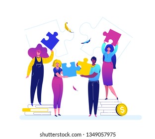 Teambuilding - modern flat design style colorful illustration on white background. Quality composition with cute characters, office workers, creative business people doing a puzzle, books, coins stack