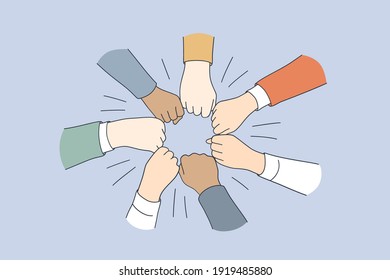 Teambuilding, motivation, Business team concept. Hands of businessman partners making circle of fists as concept of motivating engaging activity, reliable support, help in cooperation illustration 