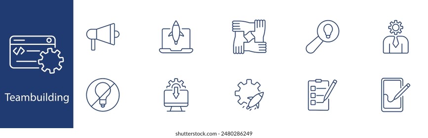Teambuilding set icon. Hands, megaphone, rocket, ideas, teamwork, integration, leader, planning, unity, collaboration. Company culture, cooperation concept.