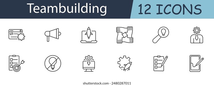 Teambuilding-Set-Symbol. Projektmanagement, Megaphon, Startup, Zusammenarbeit, Ideensuche, Leader, Ziel, Brainstorm, Teamwork, Entwicklung, Planung, Organisation. Teamwork Konzept