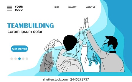 Teambuilding, teamwork concept landing page. Website template with business team members, men and women celebrating success with high five. Flat outline vector illustration. Not AI generated