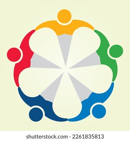 5 congresos en equipo. Concepto grupo de personas conectadas, amigos felices, ayudándose entre ellos. Icono de vector