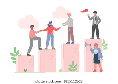 Teamleaders Motivating Collegues to Climb up to the Goal on Column of Columns, Business Leadership Concept Cartoon Vector Illustration