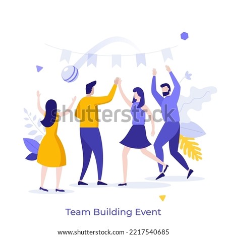 Teammates, co-workers or colleagues having fun at corporate event or party. Concept of team building, group activity, holiday celebration, company meeting. Modern flat vector illustration for banner.