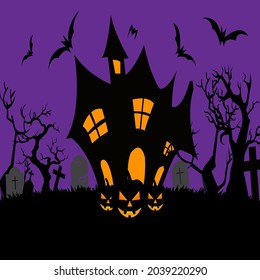 Teamplate Halloween night background, pumpkins, bat, tree, moon and dark castle. Happy Halloween banner or party invitation background vector illustration.