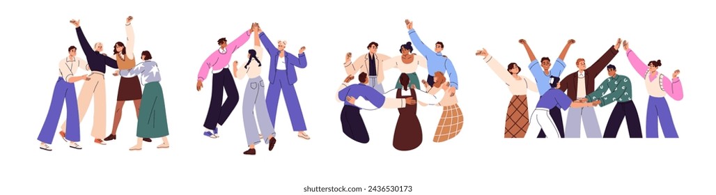 Los equipos celebran el éxito en el conjunto de trabajo. Los empleados apoyan a los colegas. La gente aumenta la motivación, el trabajo en equipo. Feliz grupo de trabajadores de oficina se regocija. Ilustración vectorial aislada plana de fondo no blanco