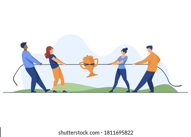 Teams competing for prize. People playing tug-of-war, pulling rope with golden cup flat vector illustration. Competition, contest concept for banner, website design or landing web page