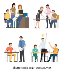 Teams discuss ideas for startup at office. Men women work together to start business. Productive teamwork and cooperation vector illustrations.