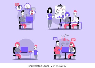 Teams engaged in discussions and presentations in contemporary setting. Video calls, data analysis, and collaborative planning. Teamwork and creativity concept