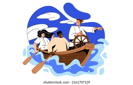 Teams with leaders in boats. Man turns steering wheel and points direction of movement with his finger. Vision of future and goal setting, successful entrepreneur. Cartoon flat vector illustration