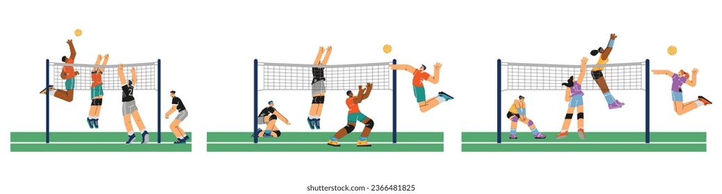 Teams of men and women players play volleyball game on the court. Volleyball championship, professional competition. Healthy sport, activity lifestyle vector illustration set isolated on white