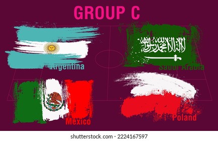 equipos que participan en el torneo internacional de fútbol. grupos C con banderas de países.