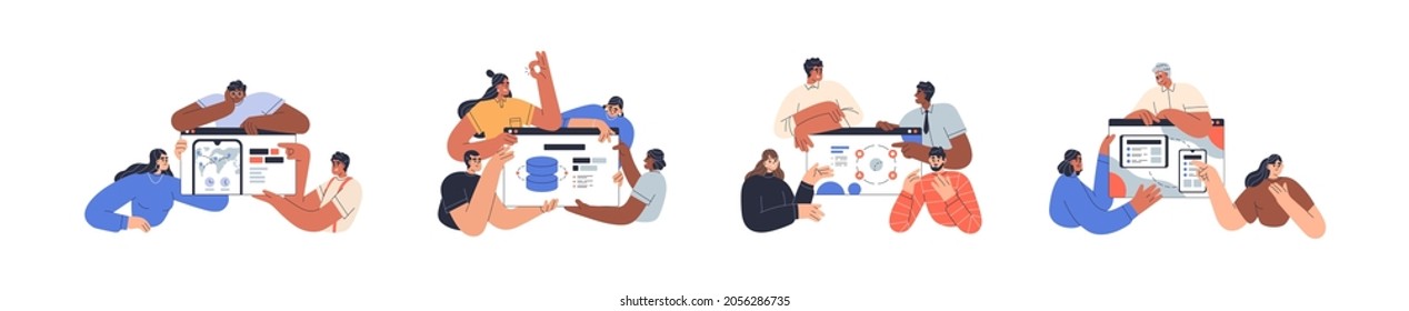 Teams set presenting information technology projects, web interfaces of websites, landing pages and applications. UI design concept. Flat graphic vector illustration isolated on white background