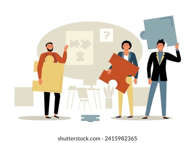 Teams working on project. Colleagues holding puzzles, office workers collaborating together. People cooperating and brainstorming, employees solving tasks, working in team vector illustration