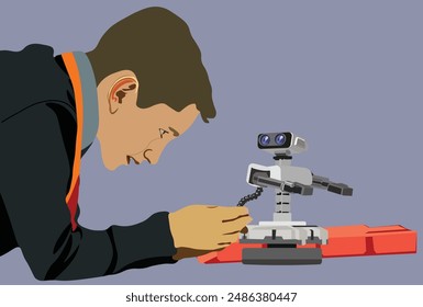 Teams working on a robotics project together. Robotic for children and kids. Student made a robot