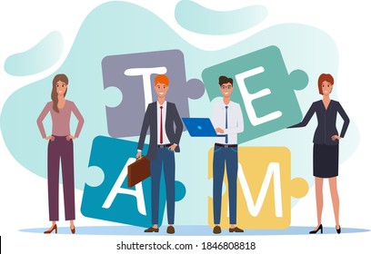 Team,teamwork.People stand against the background of the puzzle elements.The concept of partnership, cooperation and business activity.Flat vector illustration isolated on a white background.