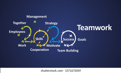 Teamwork 2020 word cloud arrows blue background vector