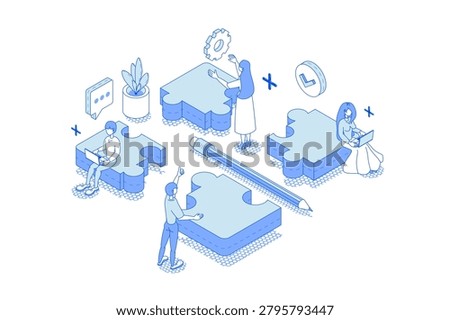 Teamwork 3d isometric concept for web. People in isometry design solve problem and finding best solutions, brainstorming together for innovation, employees cooperating at project. Vector illustration.