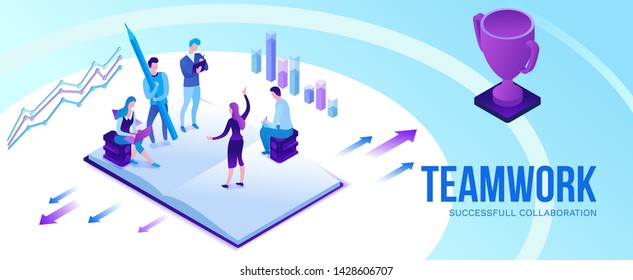 Teamwork 3d isometric illustration, employee win trophy, infographic hero leadership concept, business people in collaboration, successful person win cup, horizontal banner, website layout, ui