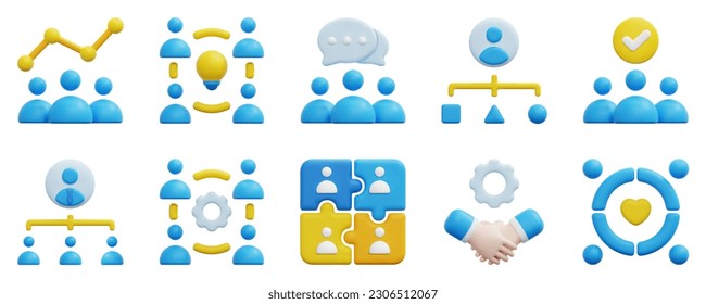 Teamwork 3d vector icon set. Analytic, brainstorm, chat, coordination, group, structure, support, team, teamwork, unity. Isolated on white background. 3d icon vector render illustration.