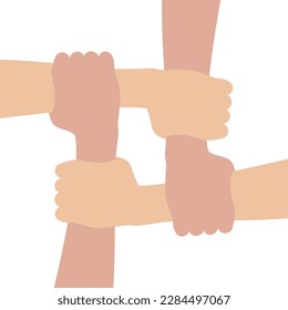Teamwork 4 hands together. Partnership, cooperation, synergy, community, unity and equality concept. Vector