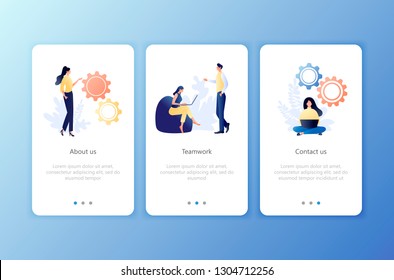 Teamwork, About us, Contact us. Set of onboarding screens user interface kit. Mobile application templates. Website, web page. Modern UX, UI. Flat business concept vector illustration