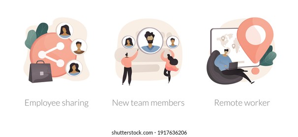 Teamwork Abstract Concept Vector Illustration Set. Employee Sharing, New Team Members, Remote Worker, Online Job, Distance Team, Outsource Freelancer, Sign Contract, Adaptation Abstract Metaphor.