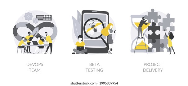 IT teamwork abstract concept vector illustration set. DevOps team, beta testing, project planning and delivery, time and budget, agile workflow, helpdesk software, task requirements abstract metaphor.