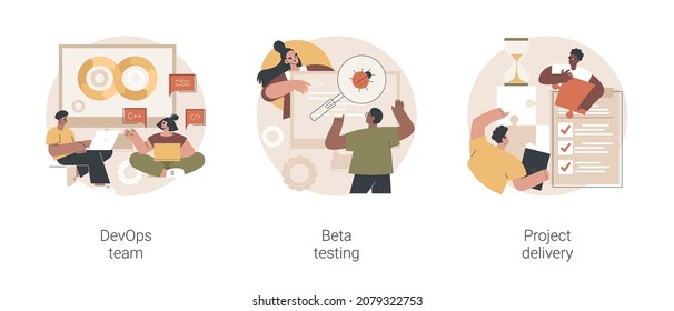 IT Teamwork Abstract Concept Vector Illustration Set. DevOps Team, Beta Testing, Project Planning And Delivery, Time And Budget, Agile Workflow, Helpdesk Software, Task Requirements Abstract Metaphor.