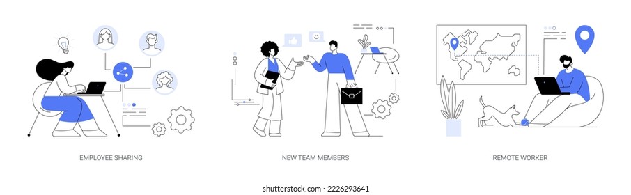 Teamwork abstract concept vector illustration set. Employee sharing, new team members, remote worker, online job, distance team, outsource freelancer, sign contract, adaptation abstract metaphor.