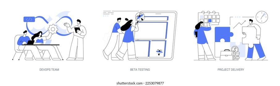 IT teamwork abstract concept vector illustration set. DevOps team, beta testing, project planning and delivery, time and budget, agile workflow, helpdesk software, task requirements abstract metaphor.