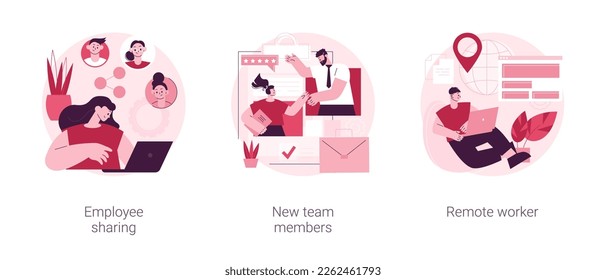 Teamwork abstract concept vector illustration set. Employee sharing, new team members, remote worker, online job, distance team, outsource freelancer, sign contract, adaptation abstract metaphor.