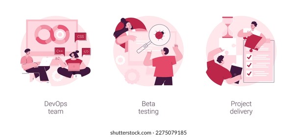 IT teamwork abstract concept vector illustration set. DevOps team, beta testing, project planning and delivery, time and budget, agile workflow, helpdesk software, task requirements abstract metaphor.