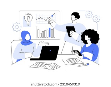 Teamwork abstract concept vector illustration. Group of diverse colleagues discussing new project, teamwork organization, business etiquette, corporate culture, company rules abstract metaphor.