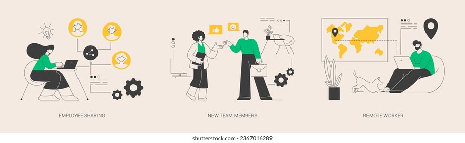 Teamwork abstract concept vector illustration set. Employee sharing, new team members, remote worker, online job, distance team, outsource freelancer, sign contract, adaptation abstract metaphor.