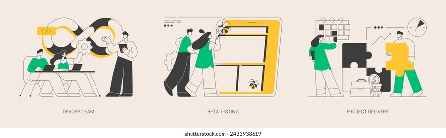 IT teamwork abstract concept vector illustration set. DevOps team, beta testing, project planning and delivery, time and budget, agile workflow, helpdesk software, task requirements abstract metaphor.