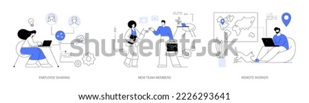 Teamwork abstract concept vector illustration set. Employee sharing, new team members, remote worker, online job, distance team, outsource freelancer, sign contract, adaptation abstract metaphor.