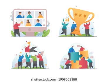 Teamwork abstract concepts isolated on white background. Set of flat cartoon vector illustrations with fictional multiracial characters.