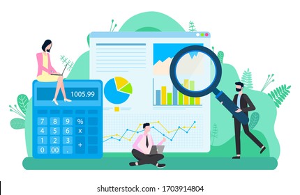 Teamwork accounting, calculator and graph report, man holding loupe. Investment and communication with laptop, professional workers, budget vector