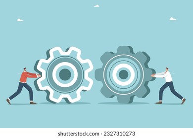Trabajo en equipo para lograr el mejor resultado, creatividad e inteligencia para resolver problemas de negocios, pensar en la dirección correcta, apoyo y asistencia mutua para el éxito de negocios, dos hombres avanzan hacia