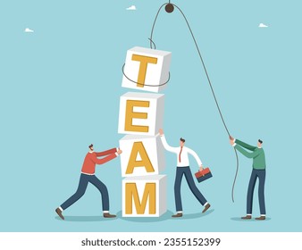 Teamwork to achieve business goals, cooperation and partnership in planning successful strategy, brainstorming to solve work issues, common interests and motivation, people stack word team with cubes.