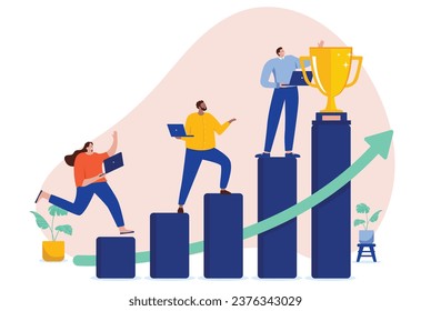 Teamwork to achieve goal - Businesspeople walking on rising chart to reach top and getting award for success and triumph together. Flat design vector graphic illustration with white background